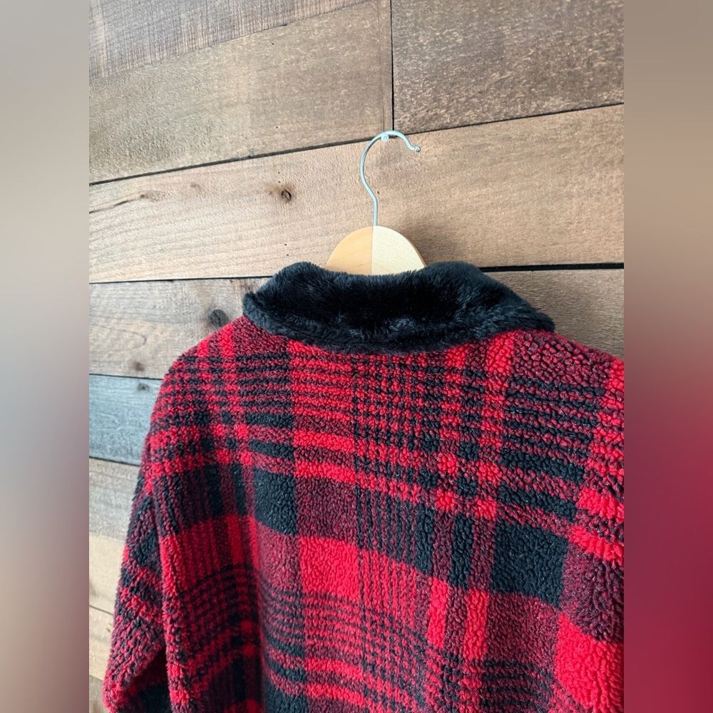 Vintage Plaid Fleece Jacket Red Black Faux Fur Collar Zip Front Size S - Picture 7 of 10